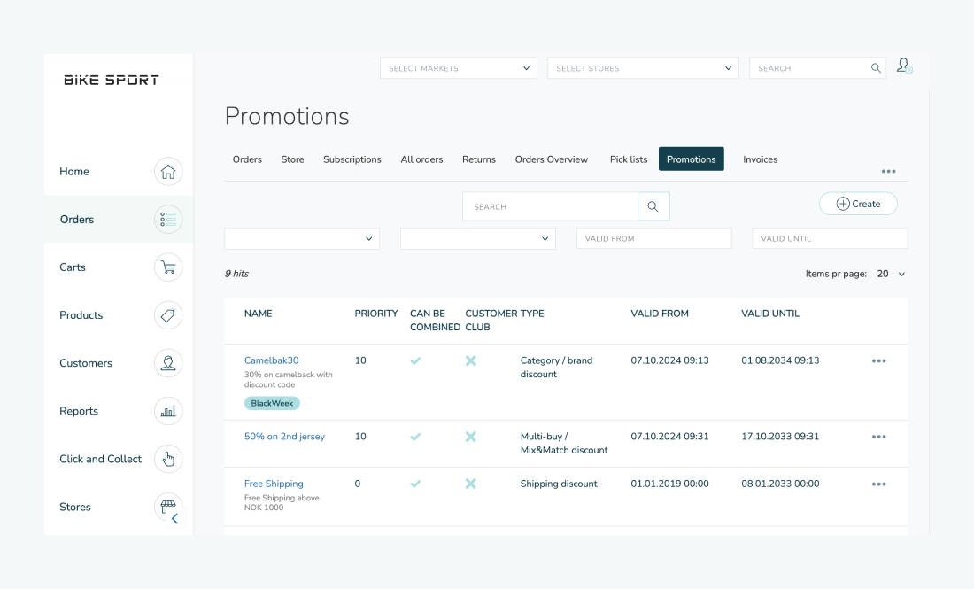Screenshot of the promotion list